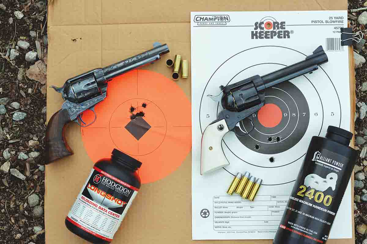 Accuracy of carefully developed handloads can be outstanding, with these groups being fired at 25 yards with a USFA Pre-War (left) and a Ruger New Model Blackhawk .45 Colt (right).